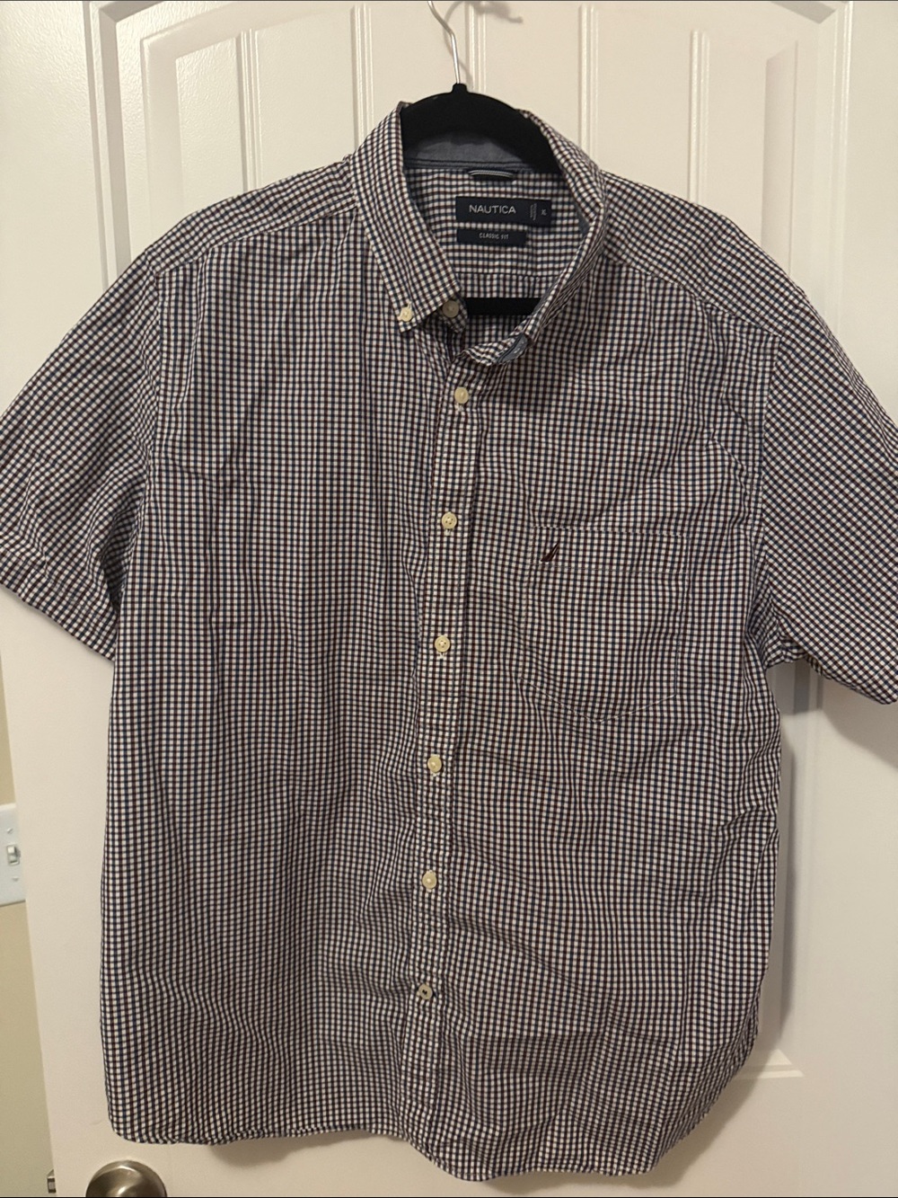 Nautica Short-Sleeve Navy, Burgundy and White Check Button-Down Shirt